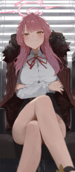 Rule 34 | 1girl, absurdres, aru (blue archive), bare legs, black skirt, window blinds, blue archive, breasts, chair, closed mouth, coat, coat on shoulders, crossed arms, crossed legs, fur-trimmed coat, fur trim, halo, highres, horns, kji (rozo), large breasts, long sleeves, looking at viewer, neck ribbon, pink hair, red coat, red ribbon, ribbon, shirt, sitting, skirt, smug, solo, thighs, v-shaped eyebrows, white shirt, yellow eyes