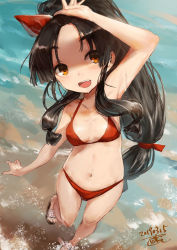 Rule 34 | 1girl, alternate costume, bikini, black hair, blush, breasts, brown eyes, dated, high ponytail, highres, kantai collection, long hair, multi-tied hair, nisshin (kancolle), ocean, open mouth, red bikini, sandals, short eyebrows, small breasts, solo, swimsuit, thick eyebrows, toka (marchlizard), very long hair