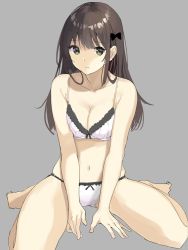 Rule 34 | 1girl, aquna, bare arms, bare legs, bare shoulders, barefoot, between legs, blunt bangs, bow, bra, breasts, brown hair, cleavage, closed mouth, commentary request, full body, green eyes, grey background, hair bow, hand between legs, long hair, looking at viewer, medium breasts, navel, original, panties, simple background, sitting, solo, underwear, underwear only, wariza, white bra, white panties