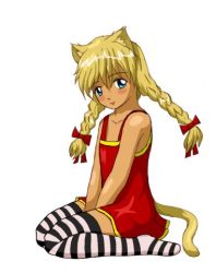 Rule 34 | 1girl, 2ch.ru, animal ear fluff, animal ears, arms between legs, artist request, bare shoulders, blonde hair, blue eyes, blush, bow, braid, cat ears, cat girl, cat tail, dress, female focus, full body, hair bow, hands between legs, lowres, mascot, no shoes, red bow, ribbon, simple background, sitting, slavya-chan, solo, striped clothes, striped thighhighs, tail, thighhighs, twin braids, wariza, white background, zettai ryouiki