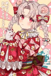 Rule 34 | 1girl, animal, bad id, bad pixiv id, bow, bowtie, braid, chinese zodiac, closed mouth, commentary request, double bun, floral print, grey hair, hair bow, hair bun, japanese clothes, karokuchitose, kimono, light smile, long hair, long sleeves, looking at viewer, mouse (animal), nengajou, new year, obi, original, parted bangs, pink bow, polka dot, polka dot bow, print kimono, red bow, red bowtie, red eyes, red kimono, sash, sleeves past fingers, sleeves past wrists, solo, striped, striped bow, sunburst, sunburst background, translation request, twin braids, twintails, upper body, year of the rat