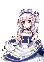 Rule 34 | 1girl, aged down, apron, apron lift, azur lane, belfast (azur lane), bird, blue eyes, bow choker, braid, chick, choker, clothes lift, commentary request, french braid, highres, little bel (azur lane), long hair, looking at viewer, maid, maid headdress, parted lips, raiou, ribbon choker, silver hair, simple background, sketch, solo, white background
