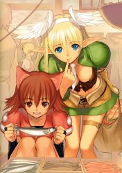 Rule 34 | 2girls, :d, absurdres, animal ears, bag, belt, blonde hair, blue eyes, breasts, brown hair, cat ears, cleavage, elbow gloves, elf, elwing, feathers, finger to mouth, fish, gloves, head wings, headband, highres, jewelry, leaning forward, long hair, looking at viewer, mao (shining tears), midriff, multiple girls, navel, necklace, open mouth, pointy ears, red eyes, sega, shining (series), shining tears, shining wind, shining world, short hair, sitting, skirt, smile, tony taka, wings