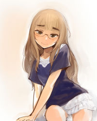 Rule 34 | 1girl, arm support, blonde hair, brown eyes, casual, eyebrows, face, glasses, head tilt, highres, long hair, mune, perrine h. clostermann, rimless eyewear, skirt, smile, solo, strike witches, world witches series