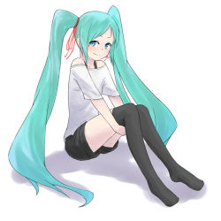 Rule 34 | 1girl, alternate costume, aqua eyes, aqua hair, bare shoulders, black thighhighs, blush, camisole, collarbone, flat chest, full body, hair ribbon, happy, hatsune miku, hugging own legs, jaco, long hair, looking at viewer, no shoes, outstretched arms, parted bangs, red ribbon, ribbon, shadow, shirt, shorts, sidelocks, simple background, sitting, smile, solo, thighhighs, thighs, twintails, very long hair, vocaloid, white background, white shirt, zettai ryouiki