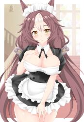 Rule 34 | 1girl, alternate costume, animal ears, black dress, border, breasts, brown hair, cleavage, commentary request, cowboy shot, detached collar, dress, enmaided, frilled dress, frills, gurukorian, hair between eyes, highres, horse ears, horse girl, large breasts, long hair, looking at viewer, maid, maid headdress, multicolored hair, puffy short sleeves, puffy sleeves, short sleeves, solo, stairs, streaked hair, twintails, umamusume, very long hair, white border, white hair, yamanin zephyr (umamusume), yellow eyes