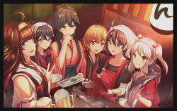 Rule 34 | 6+girls, :d, :q, afterimage, ahoge, akebono (kancolle), alcohol, antiqq, apron, bare shoulders, beer, beer mug, black border, black bow, black hair, black hakama, black shirt, blunt bangs, blush, border, bow, breasts, brown eyes, chopsticks, closed mouth, commentary request, cooking, crab, cup, detached sleeves, fish, flying sweatdrops, grill, grilling, hair between eyes, hair bobbles, hair bow, hair bun, hair ornament, hair over shoulder, hair scrunchie, hairband, hakama, hakama skirt, hand on own face, haori, head scarf, headgear, highres, holding, holding chopsticks, holding plate, hood, hood down, hoodie, houshou (kancolle), indoors, japanese clothes, kantai collection, kimono, kongou (kancolle), lantern, light particles, long sleeves, looking at viewer, medium breasts, mug, multiple girls, nontraditional miko, oboro (iron saga), oboro (kancolle), open clothes, open mouth, orange hair, parted lips, pink hair, pink hairband, pink kimono, plate, ponytail, purple eyes, purple hair, rabbit hair ornament, red apron, red kimono, ribbon-trimmed sleeves, ribbon trim, sazanami (kancolle), scrunchie, shirt, short sleeves, sidelocks, single hair bun, skirt, small breasts, smile, smoke, sweat, tongue, tongue out, two side up, ushio (kancolle), v, v-shaped eyebrows, white kimono