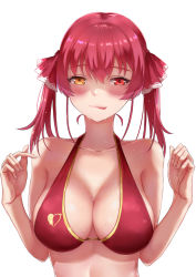 Rule 34 | 1girl, :q, absurdres, arrow through heart, bikini, blush, breasts, collarbone, hair between eyes, hair ribbon, heterochromia, highres, hololive, hololive fantasy, houshou marine, houshou marine (summer), large breasts, long hair, looking at viewer, maumaou, red bikini, red eyes, red hair, red ribbon, ribbon, simple background, smile, solo, swimsuit, tongue, tongue out, twintails, upper body, virtual youtuber, wet, white background, yellow eyes