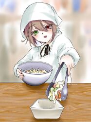 Rule 34 | 1girl, alternate costume, apron, black ribbon, blurry, blurry background, blush, bowl, brown hair, commentary request, cucumber, cucumber slice, food, green eyes, hair between eyes, head scarf, heterochromia, holding, holding bowl, holding tongs, incoming food, kappougi, kiru (m putorius), long bangs, looking at viewer, macaroni and cheese (food), neck ribbon, open mouth, pasta, pasta salad, red eyes, ribbon, rozen maiden, salad tongs, shirt, short hair, signature, smile, solo, souseiseki, table, teeth, tongs, upper body, upper teeth only, white headwear, white shirt, wooden table