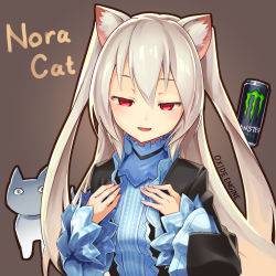 Rule 34 | 1girl, :d, @ @, animal ear fluff, animal ears, artist name, bad id, bad pixiv id, black jacket, blush, brown background, can, cat, cat ears, character name, cropped jacket, energy drink, eyebrows, hair between eyes, half-closed eyes, hands on own chest, hands up, jacket, long hair, long sleeves, monster energy, nora cat, nora cat channel, open clothes, open jacket, open mouth, red eyes, silver hair, smile, solo, straight hair, tomonao, turtleneck, two side up, upper body, virtual youtuber, wide sleeves