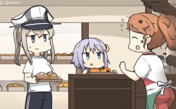 Rule 34 | 3girls, alternate costume, aquila (kancolle), black pants, blonde hair, blue eyes, bread, burnt clothes, cash register, casual, commentary request, cowboy shot, crescent, crescent hair ornament, closed eyes, food, from side, graf zeppelin (kancolle), hair between eyes, hair ornament, hairclip, hamu koutarou, hat, height difference, highres, holding, holding tray, indoors, jitome, kantai collection, looking at another, looking up, messy hair, military hat, multiple girls, one-hour drawing challenge, open mouth, orange hair, pants, peaked cap, ponytail, purple hair, red pants, shirt, short hair with long locks, sidelocks, smile, smoke, track pants, tray, twintails, white shirt, yayoi (kancolle)