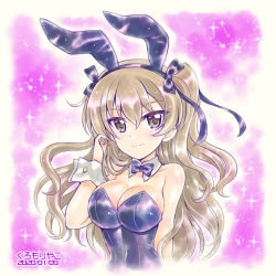 Rule 34 | 1girl, aged up, animal ears, artist name, bare shoulders, black bow, black bowtie, black leotard, black ribbon, bow, bowtie, breasts, brown eyes, cleavage, closed mouth, collar, commentary, cropped torso, dated, detached collar, fake animal ears, girls und panzer, hair ribbon, hand in own hair, kuromori yako, large breasts, leotard, light brown hair, light particles, long hair, looking at viewer, one-hour drawing challenge, one side up, playboy bunny, purple background, rabbit ears, ribbon, shimada arisu, smile, solo, sparkle, strapless, strapless leotard, upper body, white collar, wing collar, wrist cuffs