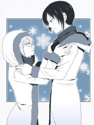 Rule 34 | 2girls, bad id, bad pixiv id, clothes grab, coat, framed, freckles, from side, hood, krista lenz, looking at another, mind849, multiple girls, outside border, shingeki no kyojin, short hair, snowflakes, very short hair, winter clothes, winter coat, ymir (shingeki no kyojin), yuri