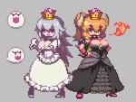 Rule 34 | 2girls, 2others, animated, armlet, black dress, blonde hair, blue eyes, boo (mario), bouncing breasts, bowsette, bracelet, breasts, breath weapon, breathing fire, cleavage, collar, crown, dress, fire, fire breathing, full body, ghost girl, gloves, grey background, hand on own hip, hands on own hips, high heels, high ponytail, horns, huge breasts, jewelry, lowres, luigi&#039;s mansion, mario (series), multiple girls, multiple others, music, nintendo, pigeon-toed, pixel art, princess king boo, red eyes, sakuemon, silver hair, simple background, sound, spiked bracelet, spiked collar, spikes, standing, super crown, tagme, tail, video, w arms, white dress, white gloves