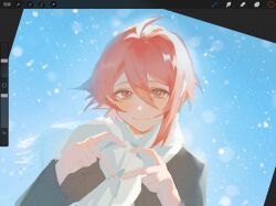 Rule 34 | 1boy, art program in frame, blue background, blush, brown coat, closed mouth, coat, heart, heart hands, highres, idolish7, long sleeves, looking at viewer, male focus, nanase riku, p55jicxpozyxci3, red eyes, red hair, scarf, short hair, smile, snowing, solo, white scarf