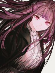 Rule 34 | 1girl, black coat, blunt bangs, breasts, closed mouth, coat, collar, commentary, dress, english commentary, expressionless, fern (sousou no frieren), frilled collar, frills, grey background, highres, john kafka, long hair, looking at viewer, medium breasts, pink eyes, purple hair, simple background, solo, sousou no frieren, straight hair, upper body, white background, white dress