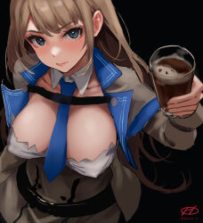Rule 34 | 1girl, artist logo, blue eyes, blue necktie, breasts, detached collar, dress, drink, glass, grey dress, hair down, haruto (harut n), kantai collection, large breasts, long hair, looking at viewer, maryland (kancolle), necktie, one-hour drawing challenge, shirt, sleeveless, solo, strapless, strapless dress, white shirt
