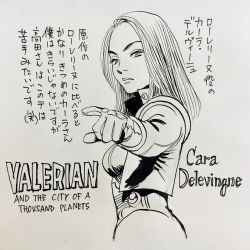 Rule 34 | 1girl, breasts, copyright name, english text, from side, gloves, highres, ink (medium), jacket, laureline, marker (medium), medium breasts, monochrome, photo (medium), pointing, serious, solo, traditional media, translation request, upper body, urasawa naoki, valerian and the city of a thousand planets