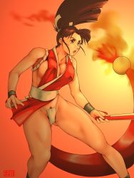 Rule 34 | 1girl, breasts, brown eyes, brown hair, capcom, cleavage, covered erect nipples, fatal fury, female pubic hair, gradient background, hand fan, huge breasts, pubic hair, qkat (arikawa-dou), rope, shiranui mai, simple background, snk, solo, the king of fighters, thong, wristband