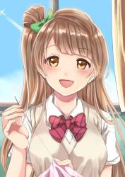 Rule 34 | 1girl, aircraft, airplane, artist name, artist request, blue sky, blush, bow, bowtie, breasts, brown eyes, brown hair, cloud, collared shirt, female focus, green bow, grey hair, hair bow, holding, indoors, light brown hair, long hair, looking at viewer, love live!, love live! school idol project, medium breasts, minami kotori, nanami (nnsk nnm), otonokizaka school uniform, parted lips, red bow, red bowtie, school uniform, shirt, short sleeves, side ponytail, sky, smile, solo, striped bow, striped bowtie, striped clothes, vest, white shirt, window, yellow eyes, yellow vest