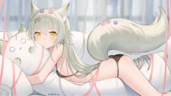 Rule 34 | 1girl, animal ear fluff, animal ears, black bra, black panties, black thighhighs, bra, cat-shaped pillow, closed mouth, couch, fox ears, fox girl, fox tail, grey hair, hair between eyes, highres, hugging object, on couch, ookamisama, original, panties, pillow, pillow hug, pink ribbon, ribbon, short eyebrows, solo, tail, thick eyebrows, thighhighs, underwear, underwear only, yellow eyes