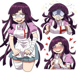 Rule 34 | 1girl, :d, apron, bags under eyes, bandaged arm, bandaged hand, bandaged leg, bandages, bandaid, bandaid on face, black hair, blush, breasts, clenched hands, commentary request, cropped legs, danganronpa (series), danganronpa 2: goodbye despair, flying sweatdrops, furukawa (yomawari), grey shirt, heart, highres, large breasts, long hair, looking at viewer, messy hair, multiple views, nurse, open mouth, pink shirt, pleated skirt, puffy short sleeves, puffy sleeves, purple hair, shaded face, shirt, short sleeves, simple background, skirt, smile, sweat, teeth, tsumiki mikan, white apron, white background