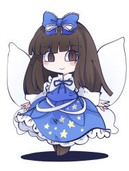 Rule 34 | 1girl, :&gt;, blue bow, blue dress, blunt bangs, bow, brown eyes, brown footwear, brown hair, chahan (fried rice0614), closed mouth, dress, fairy wings, full body, hair bow, highres, long sleeves, looking at viewer, one-hour drawing challenge, simple background, smile, solo, standing, star (symbol), star print, star sapphire, touhou, white background, wings