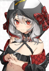 Rule 34 | 1girl, absurdres, animal hood, bare shoulders, belt bra, blush, bow, collar, crying, crying with eyes open, grey hair, hair ornament, highres, hololive, hood, hood up, looking at viewer, monosucre, navel, orca hood, plaid, plaid bow, red eyes, sakamata chloe, solo, tears, upper body, virtual youtuber, wavy mouth, x hair ornament