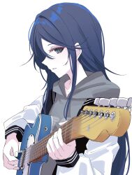 Rule 34 | 1girl, absurdres, blue eyes, blue hair, commentary, electric guitar, fender telecaster, grey hoodie, guitar, hair between eyes, highres, holding, holding instrument, holding plectrum, hood, hood down, hoodie, hoshino ichika (project sekai), instrument, jacket, long hair, long sleeves, open clothes, open jacket, parted lips, playing guitar, plectrum, project sekai, ritzchrono, sidelocks, simple background, solo, upper body, white background, white jacket