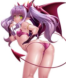 Rule 34 | 00s, 1girl, ass, back, bare legs, bare shoulders, bat wings, bikini, breasts, bridal gauntlets, butt crack, demon girl, fangs, female focus, kagami hirotaka, legs, lilim (taimanin asagi battle arena), lilith-soft, long hair, looking at viewer, looking back, partially visible vulva, shiny skin, solo, swimsuit, tail, taimanin (series), taimanin asagi, taimanin asagi kessen arena, thong, twintails, underwear, wings