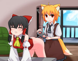 Rule 34 | 2girls, ?, ahoge, anal, anal object insertion, animal ear fluff, animal ears, ascot, ass, balcony, belt, bent over, black belt, black hair, black neckwear, blonde hair, blue sky, blush, bottomless, bow, breasts, brown skirt, brown vest, clenched teeth, closed eyes, closed mouth, cloud, collared shirt, commentary request, cookie (touhou), couch, day, detached sleeves, feet out of frame, fox ears, fox girl, fox tail, frilled hair tubes, frills, hair between eyes, hair bow, hair tubes, hakurei reimu, highres, indoors, long hair, looking at viewer, medium breasts, medium hair, miramikaru riran, multiple girls, necktie, object insertion, red bow, red eyes, red shirt, ribbon-trimmed sleeves, ribbon trim, shinonome (cookie), shirt, short sleeves, skirt, sky, sleeveless, sleeveless shirt, tail, teeth, touhou, vest, white shirt, white sleeves, winding key, yan pai, yellow neckwear