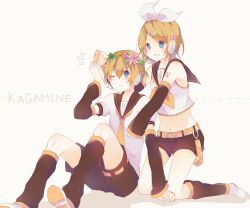 Rule 34 | 1boy, 1girl, arm warmers, bad id, bad pixiv id, blonde hair, blue eyes, brother and sister, flower, hair flower, hair ornament, hair ribbon, hairclip, head wreath, headset, kagamine len, kagamine rin, kaneko aaru, leg warmers, midriff, nail polish, necktie, one eye closed, ponytail, puffy short sleeves, puffy sleeves, ribbon, sailor collar, short hair, short sleeves, shorts, siblings, smile, treble clef, twins, vocaloid, yellow eyes, yellow necktie