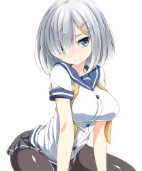 Rule 34 | 10s, 1girl, arched back, black pantyhose, blue eyes, breasts, buttons, grey skirt, hair ornament, hair over one eye, hairclip, hamakaze (kancolle), kantai collection, large breasts, leaning forward, miniskirt, pantyhose, pleated skirt, school uniform, serafuku, short hair, silver hair, simple background, skirt, solo, watarui, white background