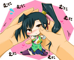 Rule 34 | 1girl, 1other, arms up, bare shoulders, black footwear, blue hair, blue skirt, blush, brown eyes, checkered clothes, checkered neckwear, cheek poking, cheek squash, chibi, collar, collared shirt, dark blue hair, detached sleeves, embarrassed, flying sweatdrops, green shirt, hair ribbon, hand on another&#039;s head, heart, high ponytail, kan&#039;u (koihime musou), koihime musou, long hair, long sleeves, mashukino, miniskirt, necktie, pink background, pleated skirt, poking, ponytail, pov, pov hands, purple thighhighs, red ribbon, ribbon, shin koihime musou, shirt, shoes, simple background, sitting, skirt, spread legs, thighhighs, two-tone background, two-tone shirt, v arms, white background, white shirt, wide sleeves, zettai ryouiki