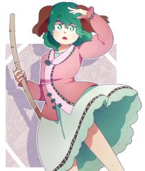 Rule 34 | 1girl, :o, animal ears, arm up, bamboo broom, broom, dog ears, dosh, dress, green dress, green eyes, green hair, hand on forehead, holding, kasodani kyouko, long sleeves, looking at viewer, medium hair, open mouth, pink shirt, puffy sleeves, shadow, shirt, solo, touhou, transparent background