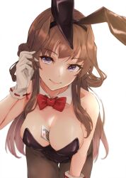 Rule 34 | 1girl, alakoala, animal ears, black leotard, black pantyhose, breasts, brown hair, cleavage, closed mouth, cowboy shot, detached collar, fake animal ears, gloves, highres, kantai collection, kongou (kancolle), large breasts, leaning forward, leotard, long hair, looking at viewer, pantyhose, purple eyes, rabbit ears, simple background, smile, solo, strapless, strapless leotard, white background, white gloves