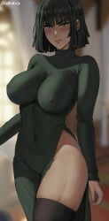 Rule 34 | 1girl, artist name, black dress, black hair, black thighhighs, blush, bob cut, breasts, closed mouth, covered erect nipples, covered navel, dress, fubuki (one-punch man), green eyes, highres, large breasts, long sleeves, one-punch man, oroborus, side slit, skindentation, solo, taut clothes, taut dress, thighhighs, thighs, v-shaped eyebrows