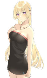 Rule 34 | 1girl, aemu (august life), alternate costume, bare shoulders, black dress, blonde hair, blush, breasts, cleavage, closed mouth, collarbone, commentary, cowboy shot, cross, cross necklace, dress, english commentary, g3 (girls&#039; frontline), girls&#039; frontline, hair between eyes, hair ornament, hand on own chest, jewelry, latin cross, long hair, looking at viewer, medium breasts, necklace, purple eyes, sidelocks, simple background, smile, solo, standing, strapless, strapless dress, tube dress, white background