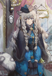 Rule 34 | 1girl, animal ear fluff, animal ears, arknights, bag, black capelet, black gloves, blue hat, blue jacket, braid, capelet, chain, closed mouth, commentary, csyday, day, door, fur-trimmed capelet, fur trim, gloves, gold chain, grey eyes, hair between eyes, hair ribbon, handbag, hat, highres, jacket, jewelry, leopard ears, leopard tail, long hair, long skirt, long sleeves, looking at viewer, official alternate costume, open sign, outdoors, pramanix (arknights), pramanix (caster&#039;s frost) (arknights), ribbon, side braid, silver hair, skirt, smile, solo, standing, storefront, tail, twin braids, very long hair, window