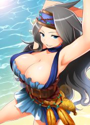 Rule 34 | 10s, 1girl, armpits, arms up, beach, black hair, blue dress, blue eyes, breasts, cleavage, day, dress, female focus, from above, gradient background, granblue fantasy, hairband, large breasts, lens flare, long hair, mattari yufi, outdoors, sash, sig (granblue fantasy), smirk, solo, very long hair, water