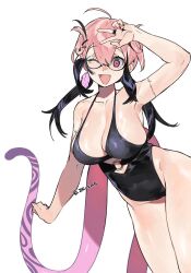 Rule 34 | 1girl, ;d, ahoge, black-framed eyewear, black hair, black one-piece swimsuit, breasts, cleavage, collarbone, commentary request, copyright request, covered navel, fang, hair between eyes, highleg, highleg swimsuit, highres, ierotak, jewelry, laevatein (touhou), large breasts, long hair, looking at viewer, multicolored hair, multiple tails, o-ring, o-ring swimsuit, one-piece swimsuit, one eye closed, open mouth, pink eyes, pink hair, ring, round eyewear, simple background, smile, solo, standing, swimsuit, tail, thighs, twitter username, two-tone hair, v, white background