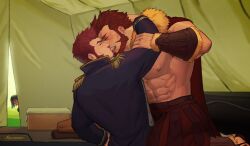 Rule 34 | 2boys, abs, absurdres, artist name, bara, beard, black jacket, blush, cape, closed eyes, facial hair, fate/grand order, fate (series), french kiss, goatee, helbai, highres, iskandar (fate), jacket, kiss, large pectorals, long sideburns, male focus, multiple boys, muscular, muscular male, napoleon bonaparte (fate), navel, nipples, pectorals, red cape, sideburns, tongue, tongue out, topless male, yaoi