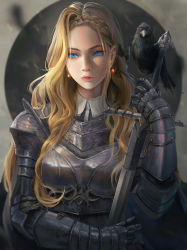 Rule 34 | 1girl, absurdres, armor, bird, bird on hand, blonde hair, blue eyes, bow, braid, breastplate, commentary, crow, crown braid, earrings, english commentary, expressionless, gauntlets, hair bow, highres, holding, holding sword, holding weapon, jewelry, knight, lips, long hair, original, pauldrons, pointy ears, rayxray, shoulder armor, solo, sword, upper body, wavy hair, weapon