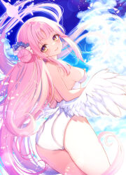 Rule 34 | 1girl, angel wings, ass, ass focus, back, blue archive, bow, breasts, cloud, cloudy sky, flower, frilled bow, frills, from behind, hair bun, hair flower, hair ornament, halo, highres, leotard, long hair, looking at viewer, low wings, medium breasts, mika (blue archive), pink hair, playboy bunny, single hair bun, sky, solo, tsurugi hikaru, wings, yellow eyes
