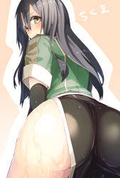 Rule 34 | 10s, 1girl, ass, bad id, bad pixiv id, black gloves, black hair, brown eyes, character name, chikuma (kancolle), elbow gloves, from behind, gloves, gradient background, hair between eyes, kantai collection, long hair, looking at viewer, meth (emethmeth), no panties, pelvic curtain, puffy short sleeves, puffy sleeves, short sleeves, side slit, single glove, solo, wet