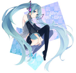 Rule 34 | 1girl, absurdres, aqua eyes, aqua hair, boots, detached sleeves, full body, happy birthday, hatsune miku, highres, long hair, looking at viewer, necktie, skirt, smile, solo, sukuya (suxuya), thigh boots, thighhighs, twintails, very long hair, vocaloid
