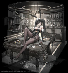 Rule 34 | 1girl, ace (playing card), ace of spades, animal ears, ball, bar (place), billiard ball, billiards, black footwear, black gloves, black hair, black leotard, bottle, breasts, brown pantyhose, card, cleavage, closed mouth, cue stick, d. (ddot2018), detached collar, elbow gloves, eyepatch, fake animal ears, gloves, hair between eyes, high heels, highres, holding cue stick, indoors, iron saga, large breasts, leotard, long hair, pantyhose, patent heels, playing card, pool table, pumps, rabbit ears, serenity (iron saga), shoes, unworn shoes, single shoe, sitting, sitting on table, solo, spade (shape), stiletto heels, strapless, strapless leotard, table, thigh strap, very long hair