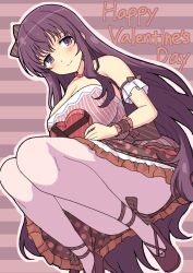 Rule 34 | 1girl, box, breasts, dress, english text, gift, gift box, happy valentine, heart-shaped box, holding, holding gift, large breasts, long hair, looking at viewer, murasaki (senran kagura), pantyhose, perapera, purple eyes, purple hair, senran kagura, solo, striped background, striped clothes, striped dress, valentine