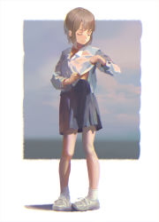 Rule 34 | 1girl, adjusting clothes, blue skirt, border, brown hair, closed eyes, closed mouth, collared shirt, day, full body, highres, long sleeves, original, pleated skirt, psi (583278318), school uniform, shirt, shoes, short hair, skirt, sneakers, socks, solo, standing, white border, white footwear, white shirt, white socks