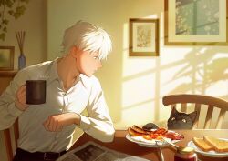 Rule 34 | 1boy, bacon, beans, belt, black cat, bread, bread slice, breakfast, cat, cat day, cup, dappled sunlight, dining room, food, fried egg, from side, green eyes, highres, holding, holding cup, indoors, iyanhoho, jam, looking at animal, male focus, newspaper, on chair, original, picture frame, plate, profile, sausage, shirt, short hair, sidelighting, signature, sitting, sunlight, table, toast, upper body, utensil, white hair, white shirt